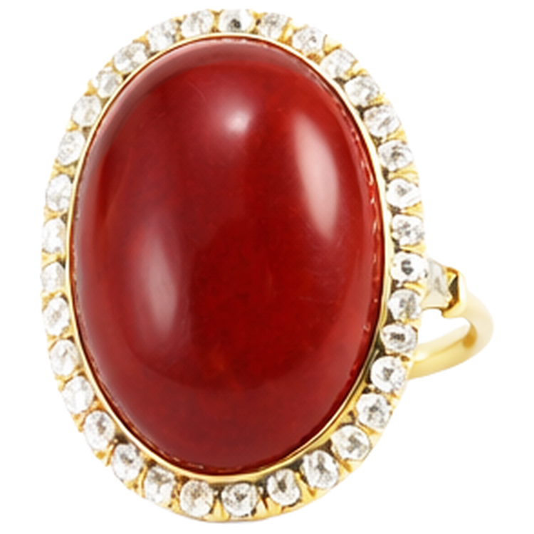 Bague Corail Rouge Taille Ovale Et Diamants Naturels Extraits des Mines ( et non cultivés en laboratoire ) Ronds 14 Ct Or Jaune 14K