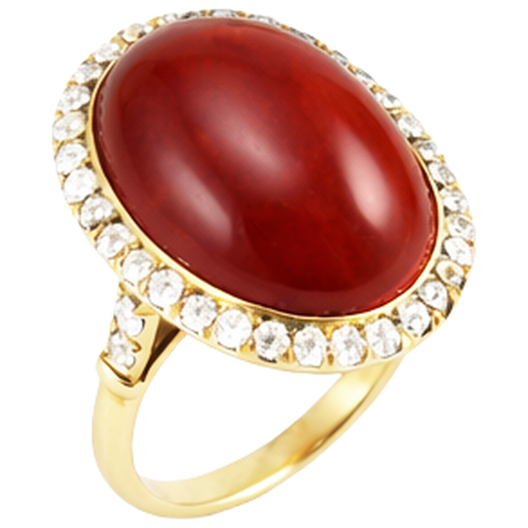 Bague Corail Rouge Taille Ovale Et Diamants Naturels Extraits des Mines ( et non cultivés en laboratoire ) Ronds 14 Ct Or Jaune 14K