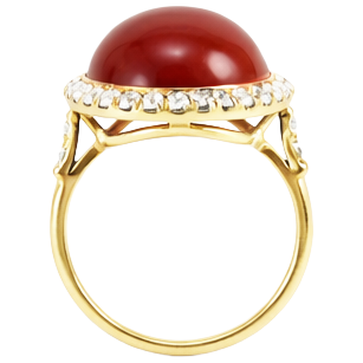 Bague Corail Rouge Taille Ovale Et Diamants Naturels Extraits des Mines ( et non cultivés en laboratoire ) Ronds 14 Ct Or Jaune 14K