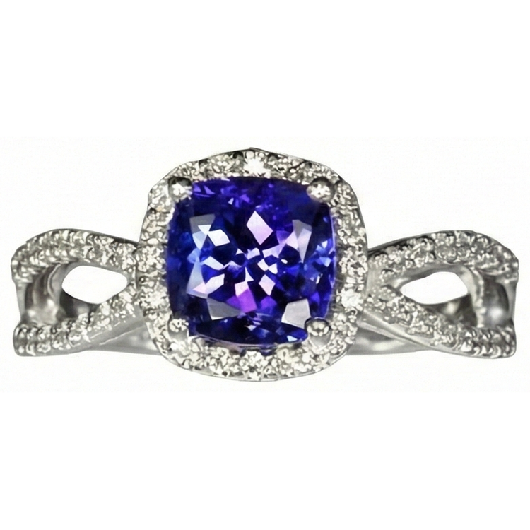 Bague Coussin Tanzanite Bleue Et Diamants Naturels Extraits des Mines ( et non cultivés en laboratoire ) 5.50 Carats Or Blanc 14K
