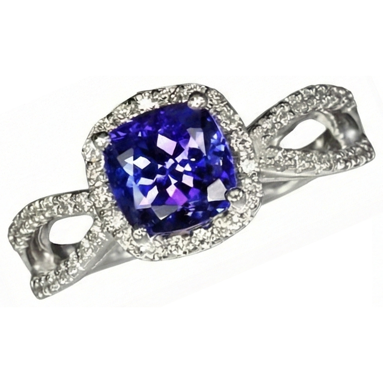 Bague Coussin Tanzanite Bleue Et Diamants Naturels Extraits des Mines ( et non cultivés en laboratoire ) 5.50 Carats Or Blanc 14K