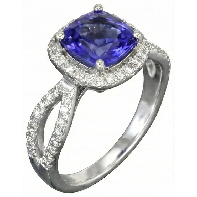 Bague Coussin Tanzanite Bleue Et Diamants Naturels Extraits des Mines ( et non cultivés en laboratoire ) 5.50 Carats Or Blanc 14K
