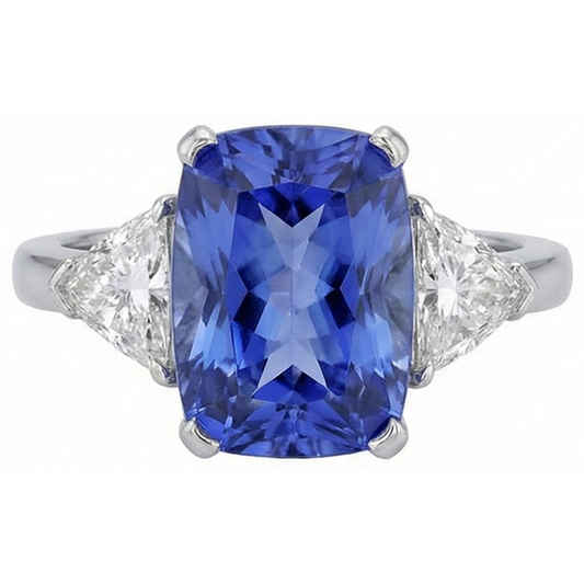 Bague Coussin Tanzanite Et Diamants Naturels Extraits des Mines ( et non cultivés en laboratoire ) 3 Pierres Or Blanc 5 Carats