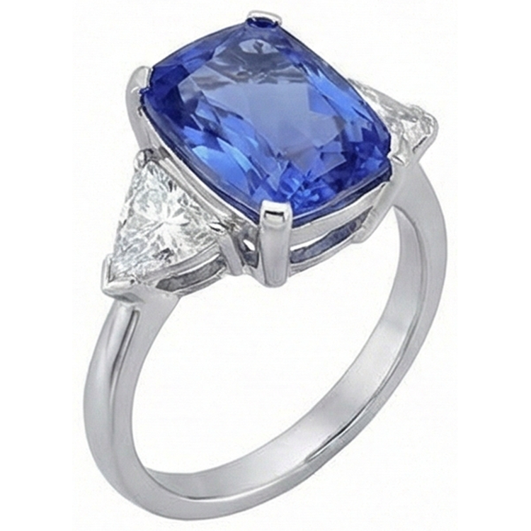 Bague Coussin Tanzanite Et Diamants Naturels Extraits des Mines ( et non cultivés en laboratoire ) 3 Pierres Or Blanc 5 Carats