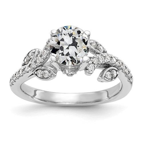 Bague Dame Ronde Ancienne Mine Cut Réel Diamond Leaf Style 3 Carats Or 14K