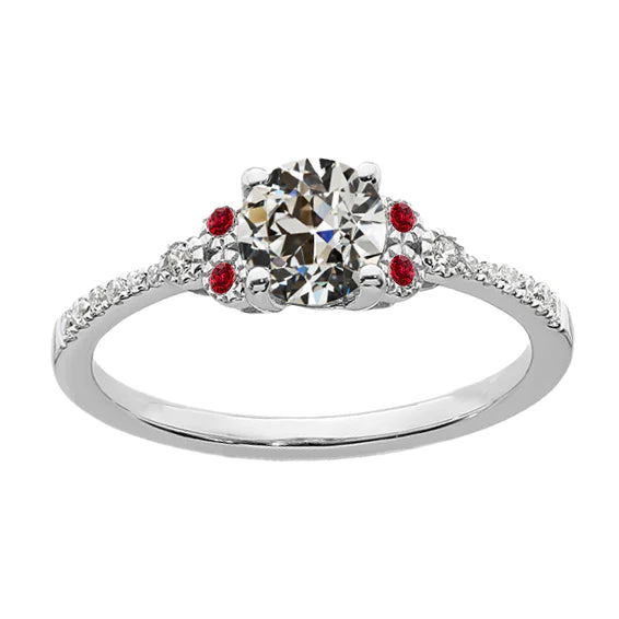 Bague Dame Ronde Réel Diamant Taille Ancienne & Rubis Or Blanc 3 Carats