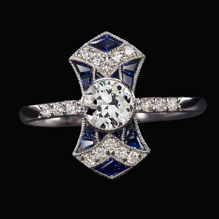 Bague Dame Ronde Vieux Mineur Véritable Diamant & Saphir Trapèze 4.50 Carats