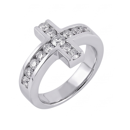 Bague De Fiançaille De Luxe En Forme De Croix à 1,41 Ct De Diamants Naturels Extraits des Mines ( et non cultivés en laboratoire ) 14K D'Or Blanc