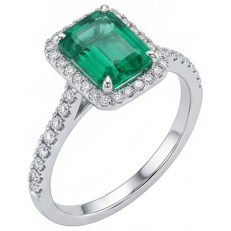 Bague De Fiançaille En Or Blanc à 3,55 carats De Diamants Émeraudes Vert Halo Colombiennes