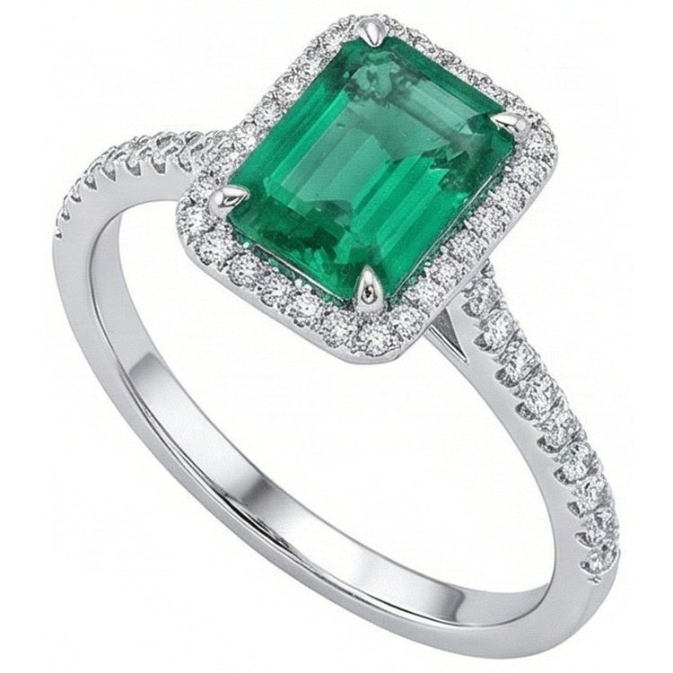 Bague De Fiançaille En Or Blanc à 3,55 carats De Diamants Émeraudes Vert Halo Colombiennes