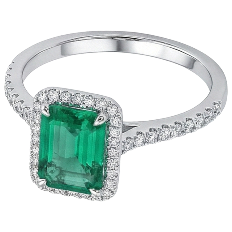 Bague De Fiançaille En Or Blanc à 3,55 carats De Diamants Émeraudes Vert Halo Colombiennes