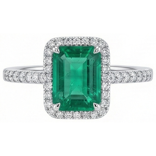 Bague De Fiançaille En Or Blanc à 3,55 carats De Diamants Émeraudes Vert Halo Colombiennes
