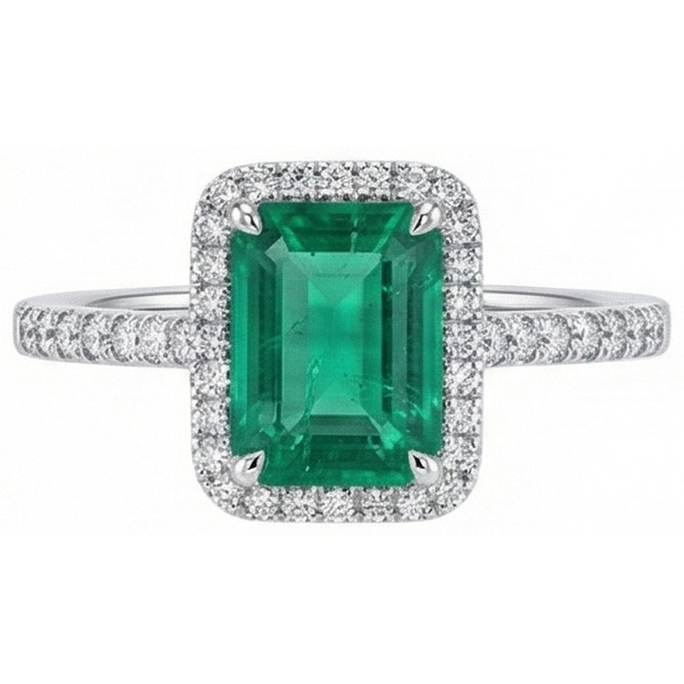 Bague De Fiançaille En Or Blanc à 3,55 carats De Diamants Émeraudes Vert Halo Colombiennes