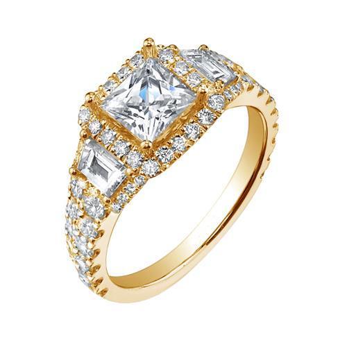 Bague De Fiançaille Halo à 3,50 Carats De Véritable Diamants Princesses Au Centre 14K D'Or Jaune