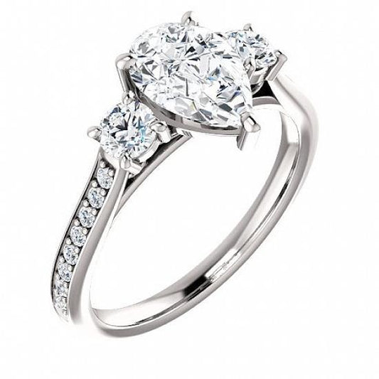 Bague De Fiançailles 3 Pierres Poire Et Véritable Diamant Rond 1.80 Carats Accents Or
