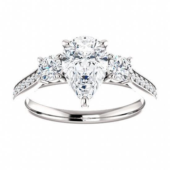 Bague De Fiançailles 3 Pierres Poire Et Véritable Diamant Rond 1.80 Carats Accents Or