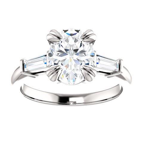 Bague De Fiançailles 3 Pierres Véritable Diamant Central Ovale 2 Carats Or Blanc 14 Carats