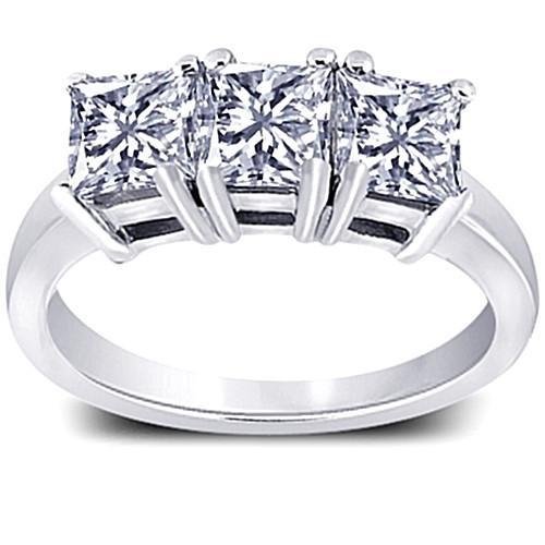 Bague De Fiançailles A Trois Pierres Naturel Diamants Princesse 3 Carats Or Blanc 14K