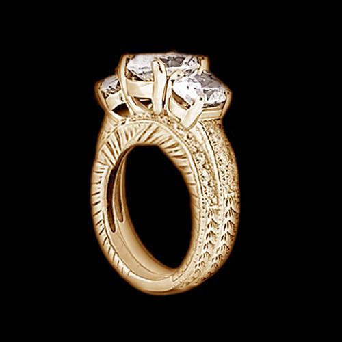 Bague De Fiançailles Avec Naturel Diamants. 3 Bandes De Pierres. Style Antique. 3.01 Ct. YG 14K