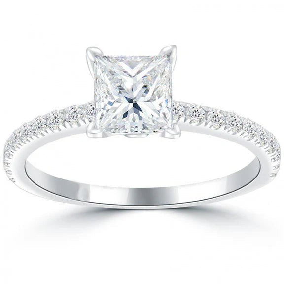 Bague De Fiançailles Classique En Or Blanc Et Réel Diamant Taille Princesse 1.50 Ct