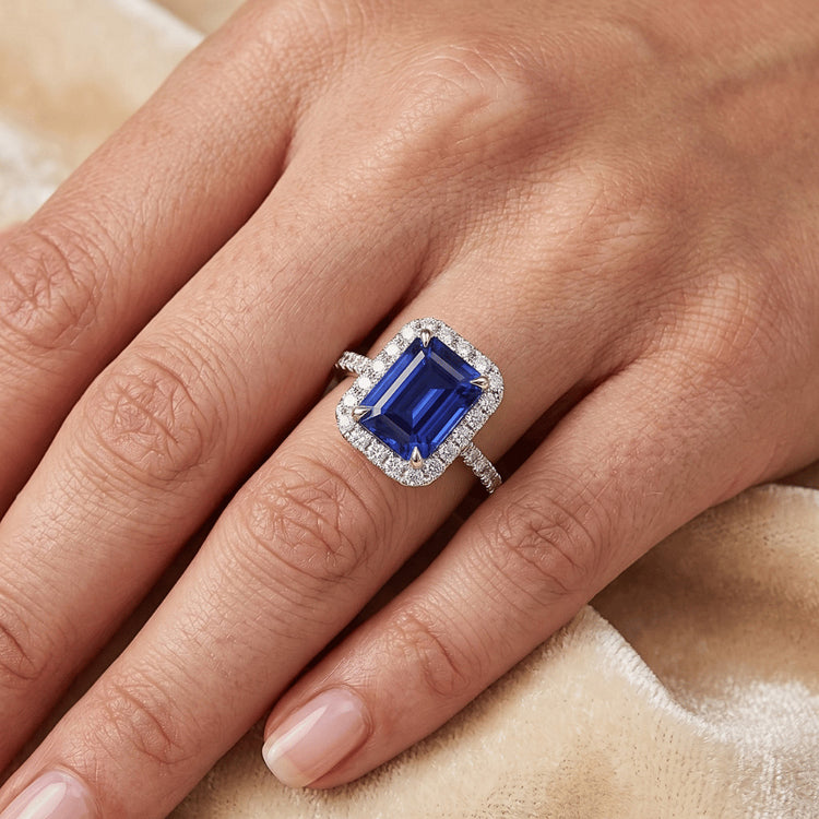 Bague De Fiançailles Diamant Naturels Extraits des Mines ( et non cultivés en laboratoire ) Saphir Taille émeraude