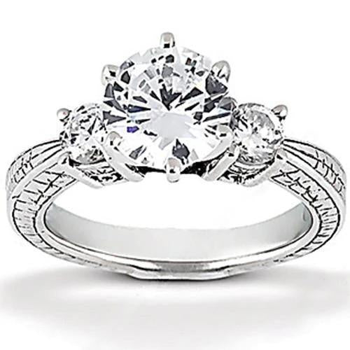 Bague De Fiançailles En Réel Diamant A Trois Pierres De Style Antique 1.05 Ct. Or Blanc