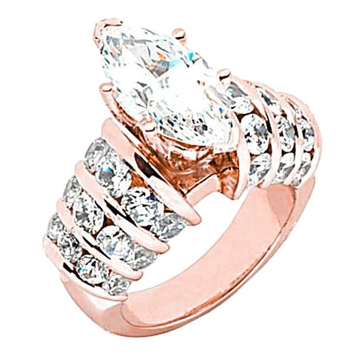 Bague De Fiançailles En Réel Diamant Marquise De 3 Carats Avec Accents En Or Rose 14K