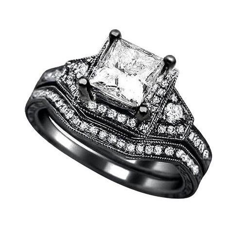 Bague De Fiançailles Et Bande De Naturel Diamants Princesse En Or Noir 2.50 Carats 14K