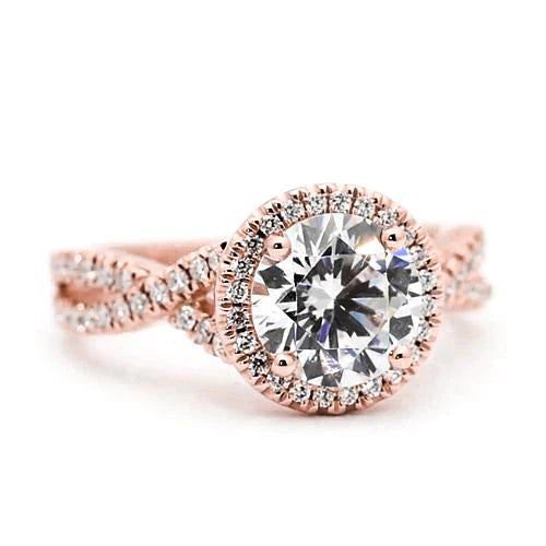 Bague De Fiançailles Halo De Réel Diamants 2.50 Carats Ronde Accentuée En Or Rose 14 Carats