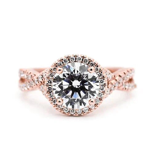 Bague De Fiançailles Halo De Réel Diamants 2.50 Carats Ronde Accentuée En Or Rose 14 Carats