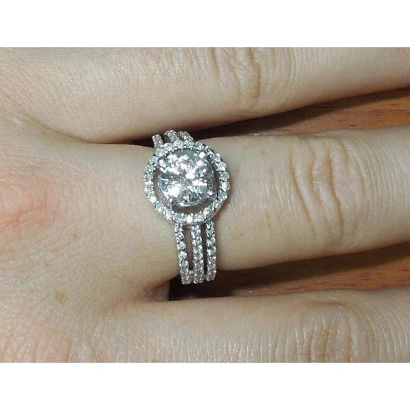 Bague De Fiançailles Halo De Réel Diamants A Trois Rangs 3.50 Carats Or Blanc 14K