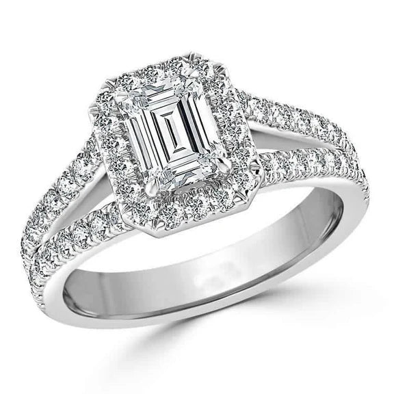 Bague De Fiançailles Halo De Réel Diamants Taille Emeraude 2.70 Carats En Or Blanc 14 Carats
