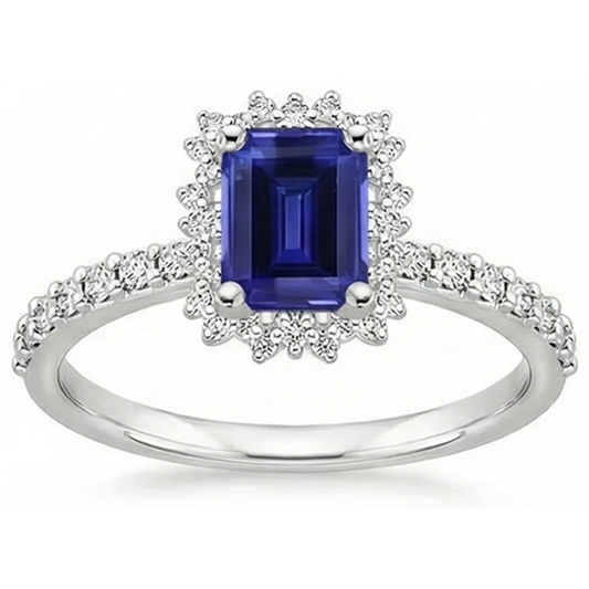Bague De Fiançailles Halo Diamant Naturels Extraits des Mines ( et non cultivés en laboratoire ) Et Saphir