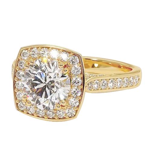 Bague De Fiançailles Halo Naturel Diamant Rond 3.50 Carats Or Jaune 14K