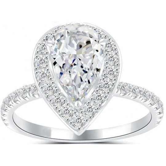 Bague De Fiançailles Halo Poire Avec Réel Diamant Rond 2.75 Carats Or Blanc 14K