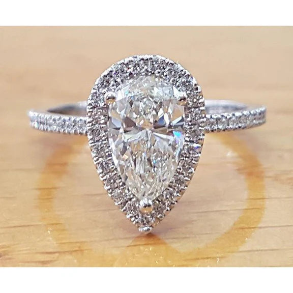 Bague De Fiançailles Halo Poire Réel Diamants 2.50 Carats Or Blanc 14K