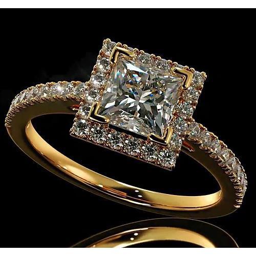 Bague De Fiançailles Naturel Diamant 3.50 Carats Halo Taille Princesse Or Jaune 14 Carats