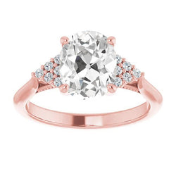 Bague De Fiançailles Ovale En Or Rose Avec Véritable Diamants Taillés Dans Une Ancienne Mine 6,50 Carats