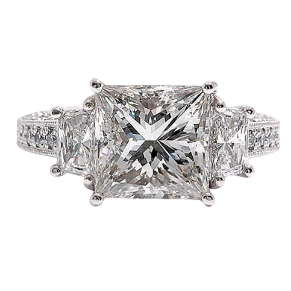 Bague De Fiançailles Princesse Véritable Diamants 3 Pierres Femme Or Blanc 4.30 Carats