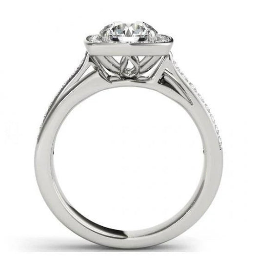 Bague De Fiançailles Réel Diamant 1.50 Carats Double Tige Halo Or Blanc 14K