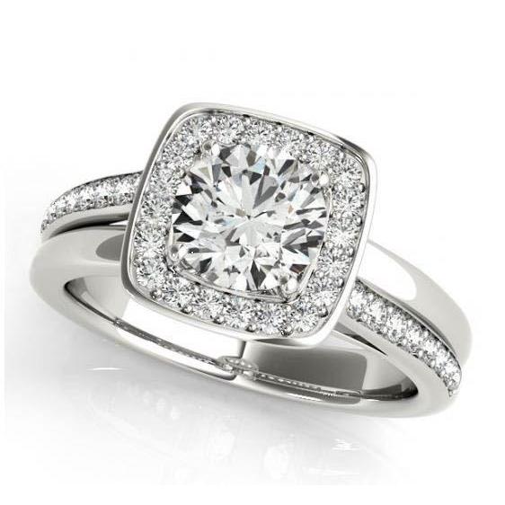 Bague De Fiançailles Réel Diamant 1.50 Carats Double Tige Halo Or Blanc 14K