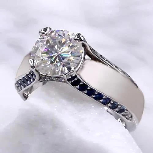 Bague De Fiançailles Réel Diamant 3.50 Carats Bijoux Accents Saphir Bleu