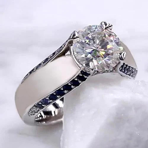 Bague De Fiançailles Réel Diamant 3.50 Carats Bijoux Accents Saphir Bleu