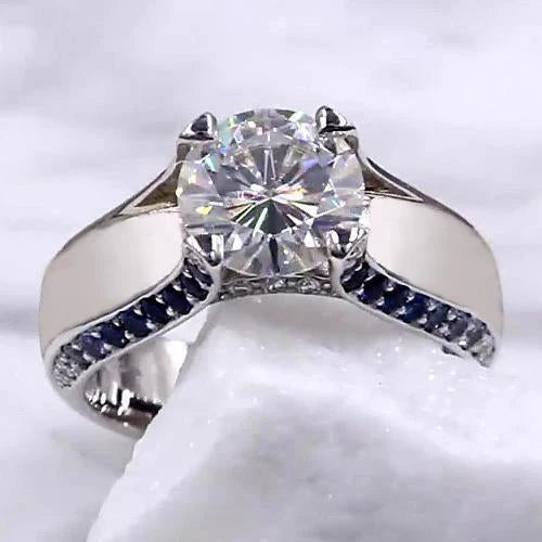 Bague De Fiançailles Réel Diamant 3.50 Carats Bijoux Accents Saphir Bleu