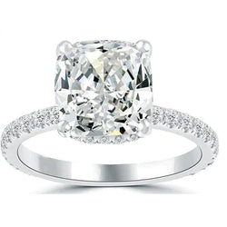 Bague De Fiançailles Réel Diamant Coussin Halo Caché Scintillant Or Blanc