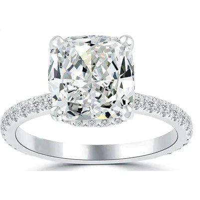 Bague De Fiançailles Réel Diamant Coussin Halo Caché Scintillant Or Blanc