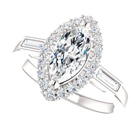 Bague De Fiançailles Réel Diamant Et Halo Baguette Centre Marquise De 1.30 Carats