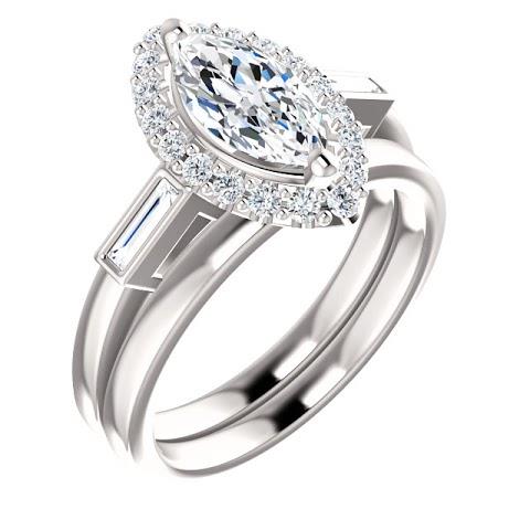 Bague De Fiançailles Réel Diamant Et Halo Baguette Centre Marquise De 1.30 Carats