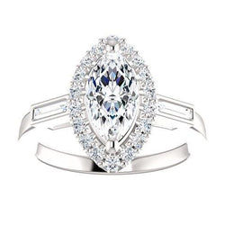 Bague De Fiançailles Réel Diamant Et Halo Baguette Centre Marquise De 1.30 Carats