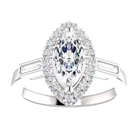 Bague De Fiançailles Réel Diamant Et Halo Baguette Centre Marquise De 1.30 Carats